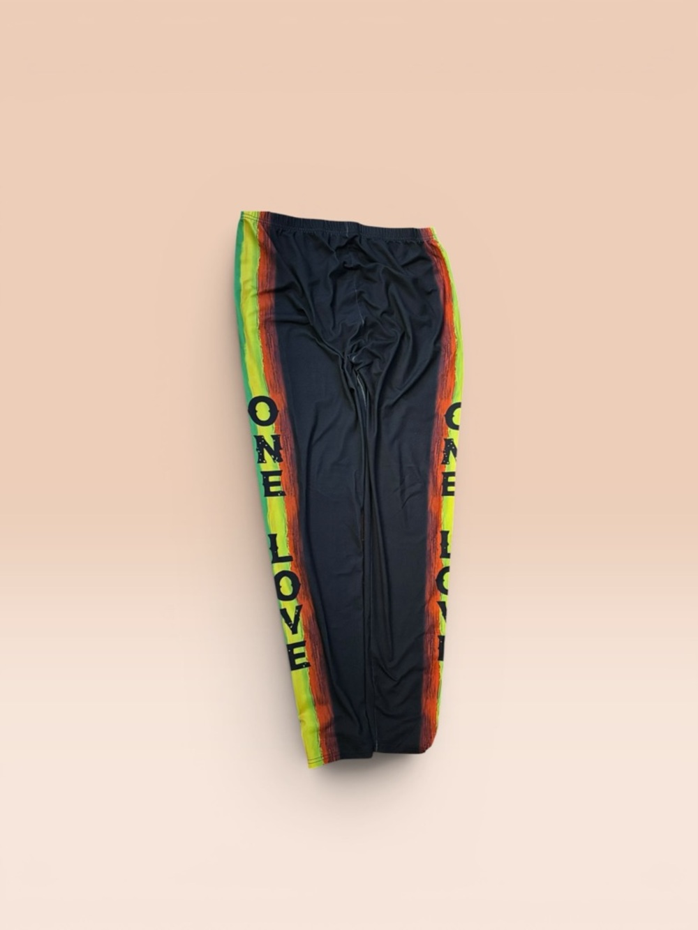 SHEIN Black Leggings with Neon Red Orange Yellow Side Stripes and ONE LOVE Print